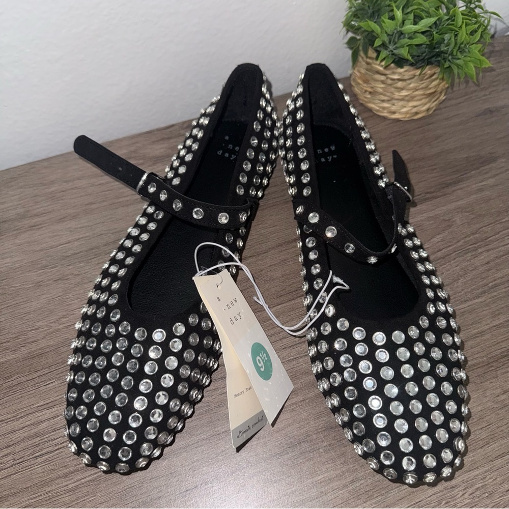 Women's Issa Rhinestone Mary Jane Ballet Flats - A New Day™ Black